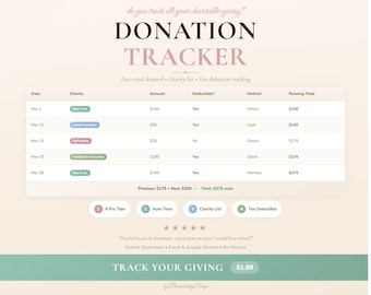 Donation Tracker Spreadsheet: Charity Log, Tax Deductible Planner (Excel, Google Sheets)