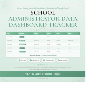 May include: A digital dashboard in teal and white, designed for school administrators. It displays data such as date, description, category, amount, status, and method. The text reads "School Administrator Data Dashboard Tracker".