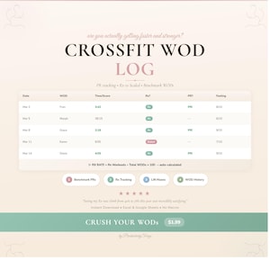 Puede incluir: Un registro digital de CrossFit WOD en tonos beige y verde. Incluye secciones para fecha, WOD, tiempo/puntuación, Rx?, PR? y sentimiento. El texto incluye "CROSSFIT WOD LOG" y "CRUSH YOUR WODS".