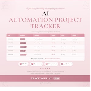 Puede incluir: Un gráfico rosa y blanco para un rastreador de proyectos de automatización de IA. El texto incluye "AI AUTOMATION PROJECT TRACKER" y una tabla con entradas de datos. El gráfico también presenta el texto "TRACK YOUR AI".