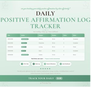 May include: A digital daily positive affirmation log tracker with a green and white design. The tracker includes sections for date, activity, category, duration, rating, and status. The text "TRACK YOUR DAILY" is displayed at the bottom.
