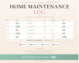 Home Maintenance Log: Repair Tracker, Schedule, Cost Tracking (Excel, Google Sheets)