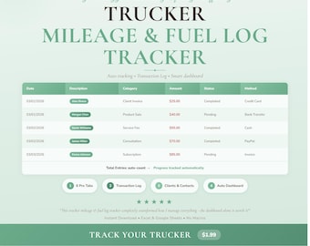 May include: A digital dashboard in green and white, labelled "Trucker Mileage & Fuel Log Tracker." The design features a data table and text stating "Auto tracking, Transaction Log, Smart dashboard."