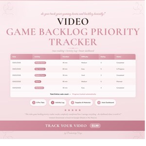 May include: A digital video game backlog priority tracker template in shades of pink. The interface includes a data table with columns for date, activity, duration, difficulty, rating, and status, plus four navigation tabs and summary text.