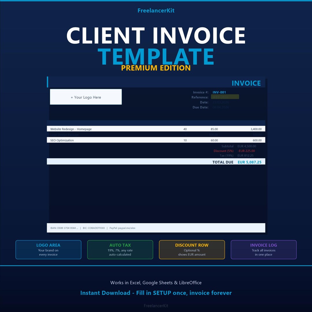 Excel Invoice Template | Auto Tax Calculator, Tracker Log (digital ...