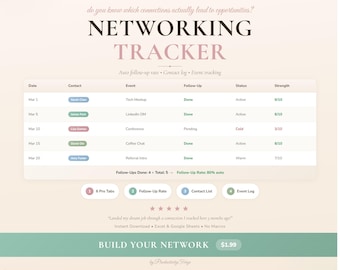 Professional Networking Tracker: Contact Log, Event Tracking (Excel, Google Sheets)