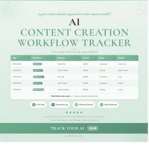 Puede incluir: Un rastreador digital de flujo de trabajo de creación de contenido, verde y blanco. Muestra campos para fecha, descripción, categoría, cantidad, estado y método. El texto "TRACK YOUR AI" se muestra con un precio de 1,99 €.