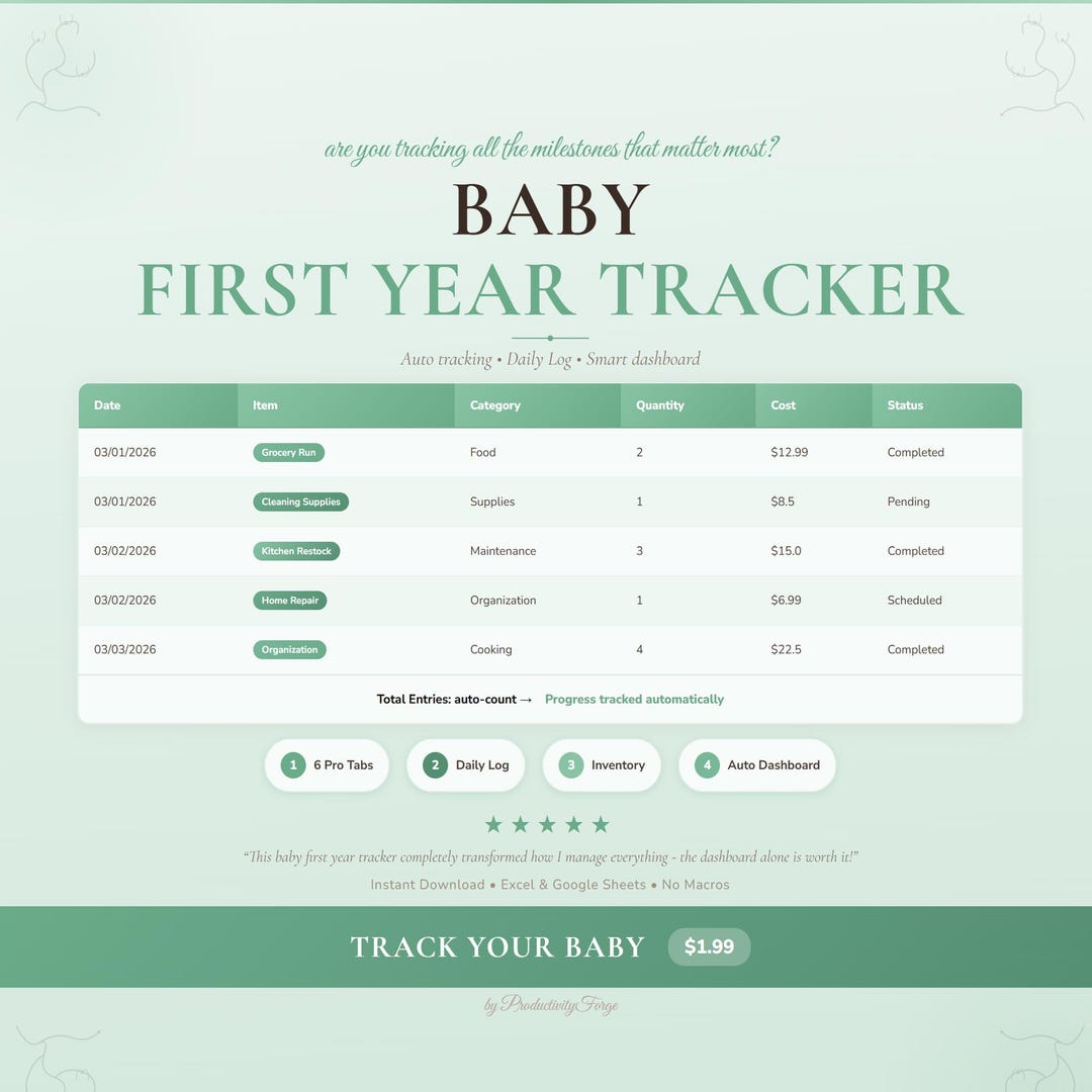 Baby First Year Tracker Spreadsheet Google Sheets Excel Baby Milestone ...