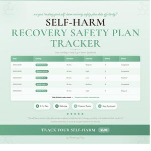 May include: A digital self-harm recovery safety plan tracker with a green and white color scheme. The tracker includes sections for date, activity, duration, intensity, rating, and status. Text on the image reads "Track Your Self-Harm".
