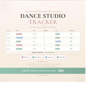 May include: A dance studio tracker with a light pink and green color scheme. The tracker includes sections for class, style, students, level, and revenue. Text on the tracker includes "Dance Studio Tracker" and "Grow Your Dance Studio."
