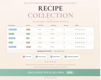 Recipe Collection Organizer Spreadsheet Google Sheets Excel Cooking Meal Planning Template