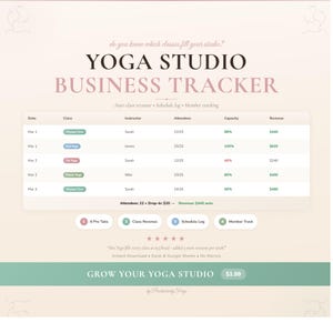 Sistema de seguimiento de negocios para estudios de yoga: Registro de clases, ingresos por membresía (Excel, Google Sheets)