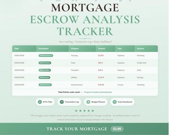 Escrow Analysis Log | Mortgage Tracker Spreadsheet Google Sheets Excel Template