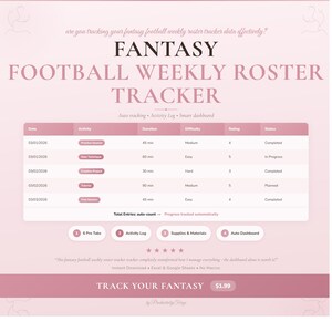 May include: A digital fantasy football weekly roster tracker spreadsheet template with a pink color scheme. It features a data table with columns for date, activity, duration, difficulty, rating, and status, plus four navigation tabs and a testimonial.