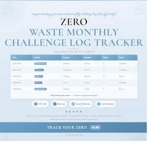May include: A digital tracker for a zero waste monthly challenge, featuring a blue and white design. The tracker includes sections for activity, category, duration, rating, and status, with options for auto-tracking and a daily log.