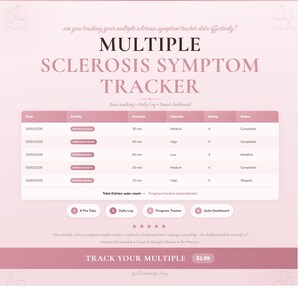 May include: A digital Multiple Sclerosis Symptom Tracker in pink and white. The tracker features a table detailing date, activity, duration, intensity, rating, and status. The text "Track Your Multiple" is displayed at the bottom.