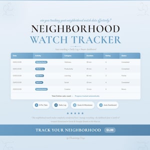 Neighborhood Watch Tracker | Google Sheets Excel Spreadsheet Personal Development Template