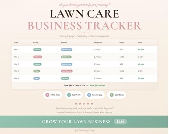 Lawn Care Business Tracker: Job Profit, Service Log, Client Management (Excel, Google Sheets)