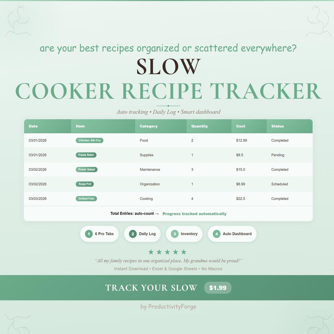 Slow Cooker Recipe Tracker Spreadsheet Google Sheets Excel Recipe ...