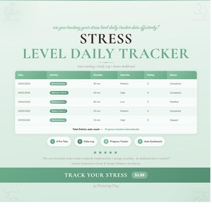 Puede incluir: Un rastreador diario digital del nivel de estrés en verde y blanco. El rastreador muestra datos para el seguimiento del estrés, incluyendo actividad, duración, intensidad y calificación. El texto "STRESS LEVEL DAILY TRACKER" es prominente.