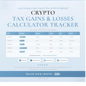 Op de afbeelding: Een digitale afbeelding die een crypto belastingwinst- en verliescalculator tracker promoot. Het blauw-witte ontwerp bevat een tabel met financiële gegevens en de tekst "TRACK YOUR CRYPTO".