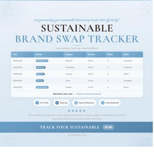 May include: A digital tracker titled "SUSTAINABLE BRAND SWAP TRACKER" in blue and white. It features a table for tracking activities, categories, duration, rating, and status. The tracker also includes tabs for pro features, daily logs, goals, and an auto dashboard.
