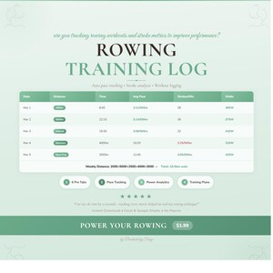 May include: A teal and white rowing training log with data fields for distance, time, and pace. The log includes the title "ROWING TRAINING LOG" and features auto pace tracking, stroke analysis, and workout logging.