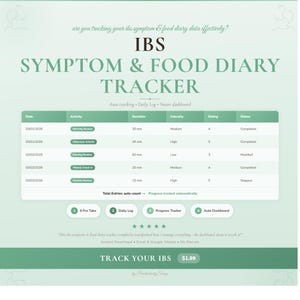 Op de afbeelding: Een digitale IBS Symptoom & Voedseldagboek Tracker met een groen en wit ontwerp. De tracker bevat secties voor datum, activiteit, duur, intensiteit, beoordeling en status. De tekst luidt "Track Your IBS".