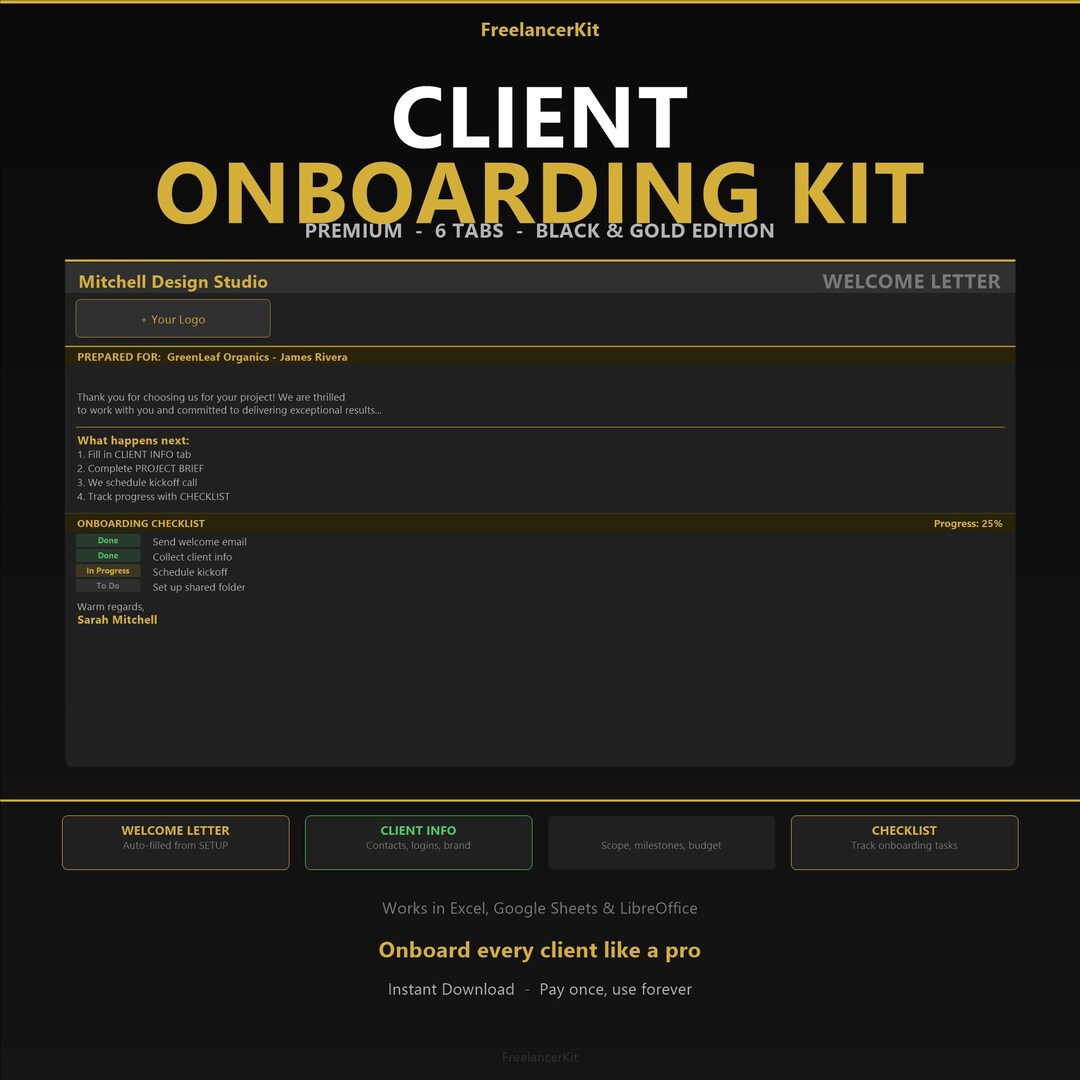 Client Onboarding Kit Excel | Black Gold Freelancer Welcome Template ...