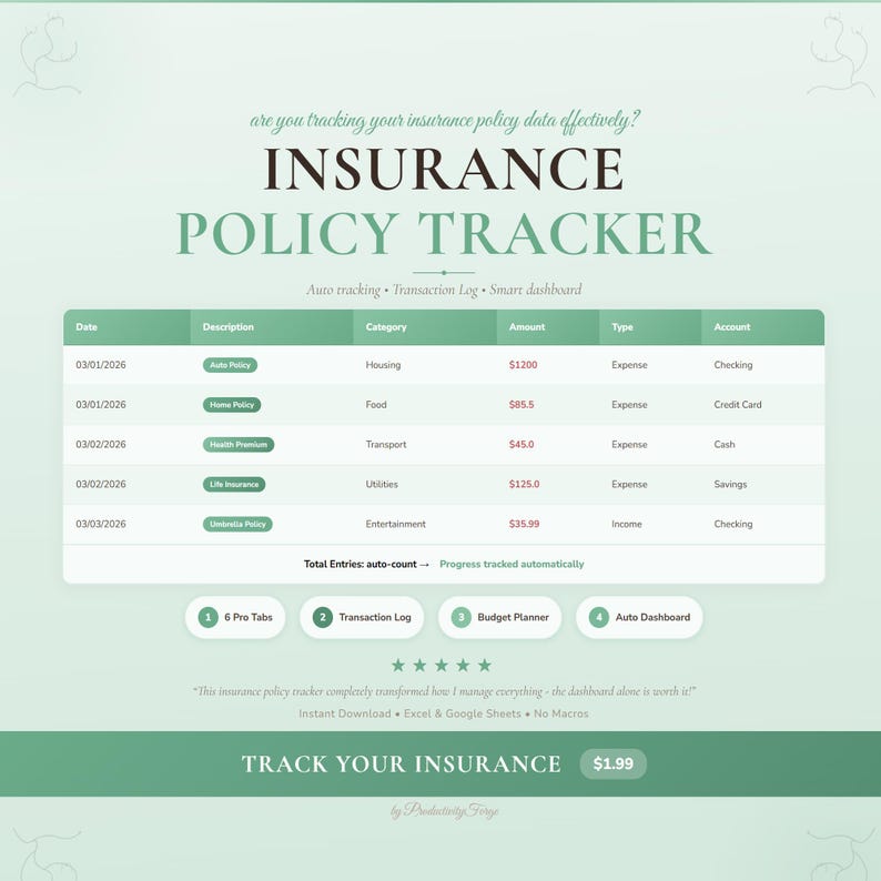 Insurance Policy Tracker Spreadsheet Google Sheets Excel Budget Finance ...