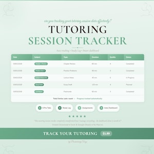 Könnte beinhalten: Ein digitaler Tutoring-Sitzungs-Tracker mit grünem und weißem Design. Der Tracker enthält Abschnitte für Datum, Betreff, Thema, Dauer, Qualität und Status. Der Text auf dem Bild lautet "TUTORING SESSION TRACKER" und "TRACK YOUR TUTORING".