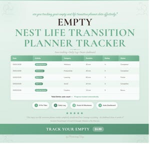 May include: A digital Empty Nest Life Transition Planner Tracker spreadsheet interface in shades of green. It features a data table with columns for date, activity, category, duration, rating, and status, plus four navigation tabs and a dashboard.