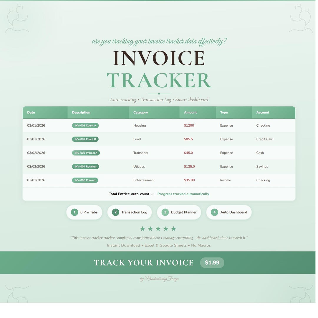 Invoice Tracker Spreadsheet Google Sheets Excel Budget Finance Digital ...