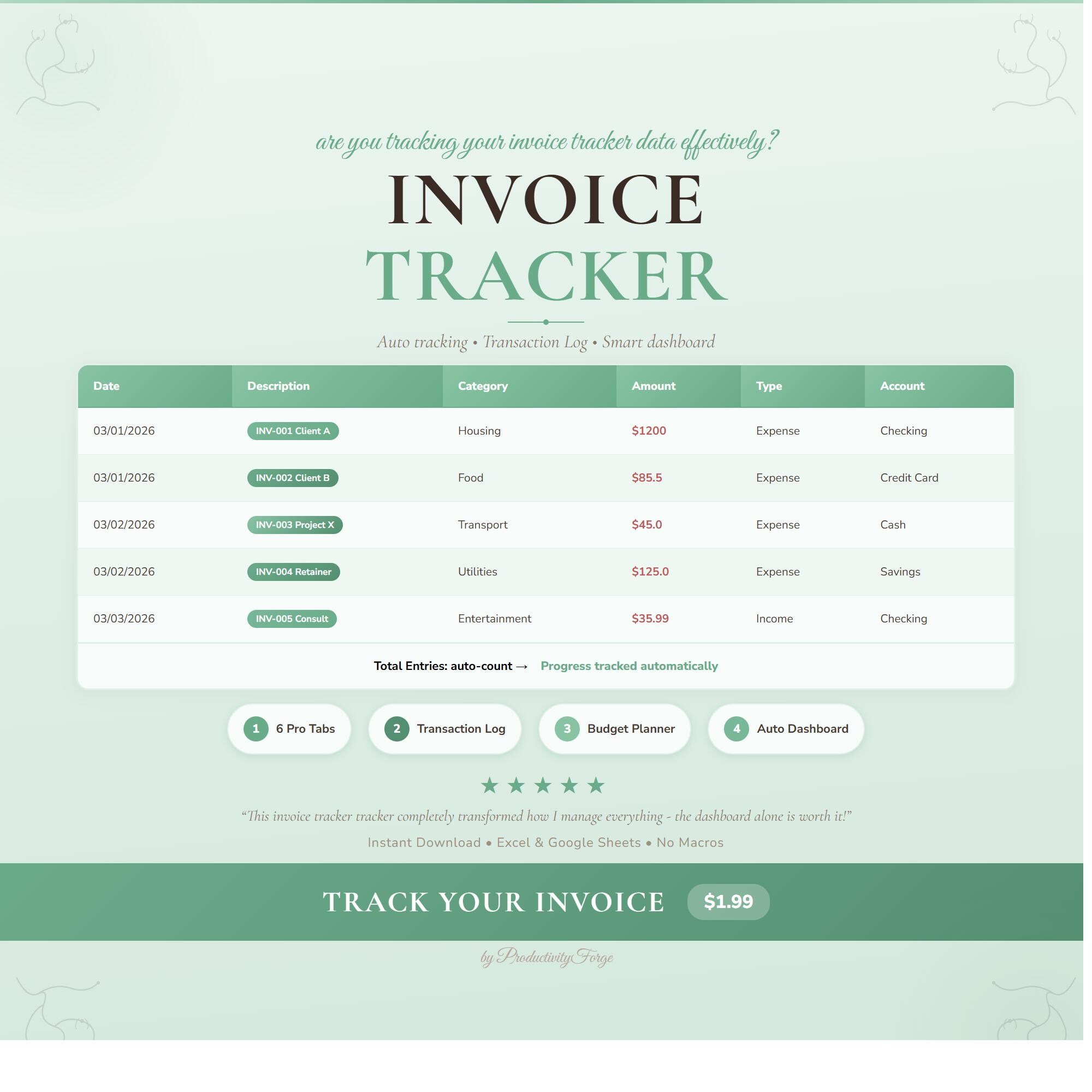 Invoice Tracker Spreadsheet Google Sheets Excel Budget Finance Digital ...