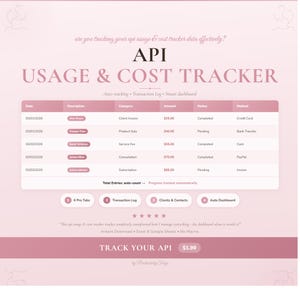 以下が含まれることがあります： ピンクと白のAPI使用量とコストトラッカー。データエントリを表示する表があります。トラッカーには、日付、説明、カテゴリ、金額、ステータス、メソッドのセクションが含まれています。「Track Your API」と「Instant Download」というテキストが含まれています。