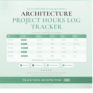 Könnte beinhalten: Ein digitaler Projektstunden-Log-Tracker mit grünem und weißem Design. Der Tracker enthält Abschnitte für Datum, Beschreibung, Kategorie, Betrag, Status und Methode. Der Text "ARCHITECTURE PROJECT HOURS LOG TRACKER" wird oben angezeigt.
