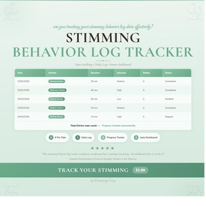 Puede incluir: Un rastreador de registro de comportamiento digital en verde y blanco con el título "STIMMING BEHAVIOR LOG TRACKER". Incluye secciones para fecha, actividad, duración, intensidad, calificación y estado. El texto "TRACK YOUR STIMMING" está en la parte inferior.