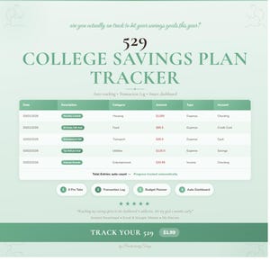May include: A digital college savings plan tracker with a green and white design. The tracker includes sections for date, description, category, amount, type, and account. Text includes "529 COLLEGE SAVINGS PLAN TRACKER".
