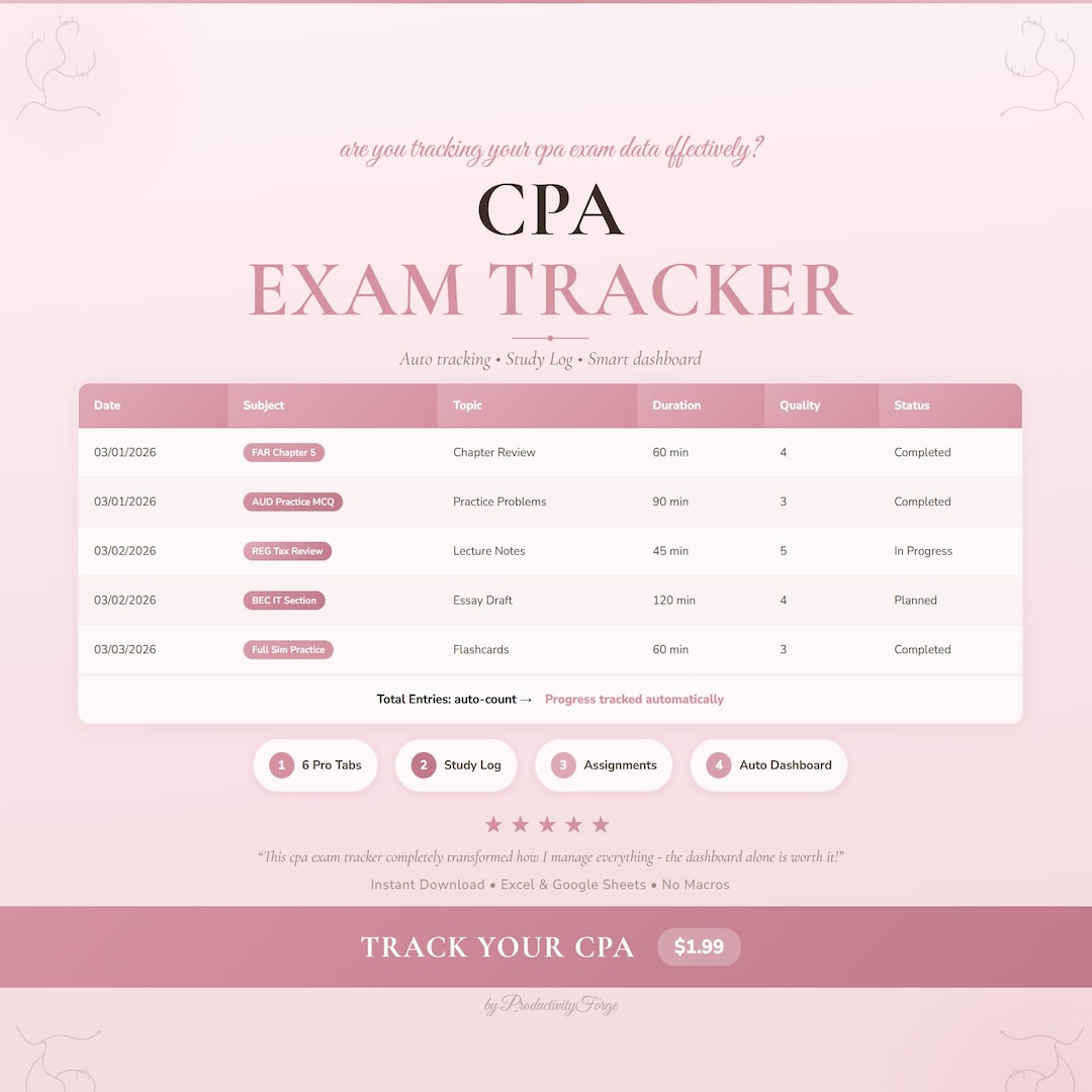 CPA Exam Tracker | Google Sheets Excel Spreadsheet Study Academic ...