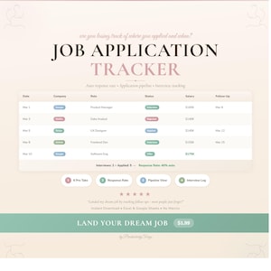 May include: A job application tracker with a light pink and green design. The tracker includes sections for date, company, role, status, salary, and follow-up. The text "JOB APPLICATION TRACKER" is prominently displayed.