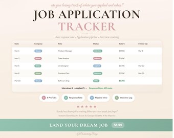Job Application Tracker Spreadsheet: Resume Log, Interview Planner (Excel, Google Sheets)