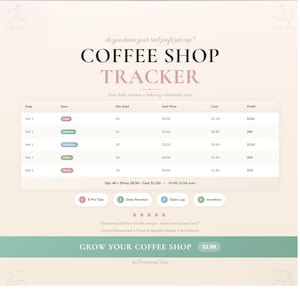 May include: A coffee shop tracker with the title "COFFEE SHOP TRACKER" and the text "Auto daily revenue • Sales log • Inventory costs." The tracker includes a table with data for items like Latte, Espresso, and Cold Brew.