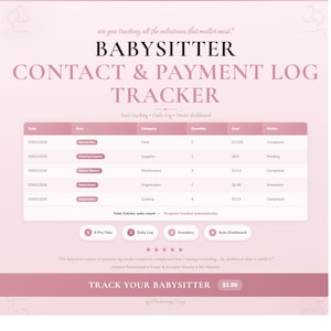 Pode incluir: Um modelo de planilha digital Babysitter Contact & Payment Log Tracker com um esquema de cores rosa. Inclui uma tabela para rastrear datas, itens, categorias, quantidades, custos e status, além de guias para Pro, Daily Log, Inventory e Dashboard.