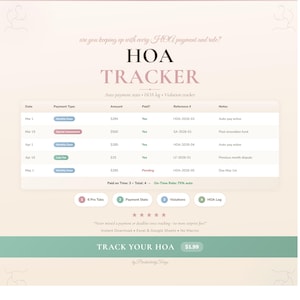 Puede incluir: Un rastreador digital de HOA en rosa y verde azulado. El rastreador muestra los detalles de los pagos, incluidas las fechas, los importes y los estados de pago. El texto incluye "HOA TRACKER" y "TRACK YOUR HOA".