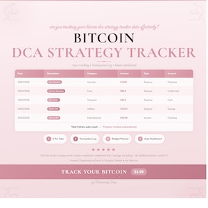 Könnte beinhalten: Ein rosa-weißer Bitcoin DCA-Strategie-Tracker mit dem Titel "BITCOIN DCA STRATEGY TRACKER". Der Tracker enthält Abschnitte für Datum, Beschreibung, Kategorie, Betrag, Typ und Konto. Er verfügt außerdem über Registerkarten für Pro Tabs, Transaction Log, Budget Planner und Auto Dashboard.