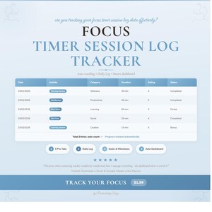 May include: A digital focus timer session log tracker with a blue and white design. The tracker includes sections for date, activity, category, duration, rating, and status. The text "FOCUS TIMER SESSION LOG TRACKER" is prominently displayed.
