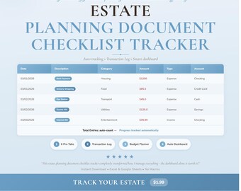 Estate Planning Checklist Tracker | Legal Documents Organizer Spreadsheet Google Sheets Excel