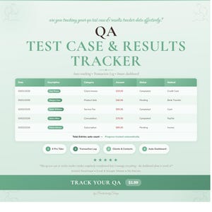 Op de afbeelding: Een digitaal dashboard in groen en wit met de titel "QA TEST CASE & RESULTS TRACKER". Het dashboard toont gegevens met kolommen voor datum, beschrijving, categorie, bedrag, status en methode. Tekst: "Track Your QA $1,99."