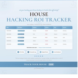 Op de afbeelding: Een blauw-witte infographic getiteld "HOUSE HACKING ROI TRACKER" met een tabel die de uitgaven bijhoudt. De tekst bevat "Auto tracking, Transaction Log, Smart dashboard." De onderste tekst luidt "TRACK YOUR HOUSE."