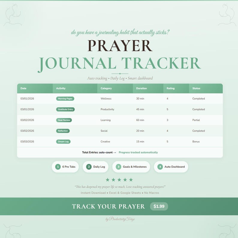 Prayer Journal Tracker | Google Sheets Excel Spreadsheet Prayer Faith ...